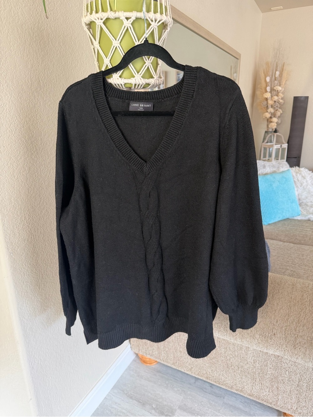 Lane Bryant Black V-Neck Cable Front Balloon Sleeve Sweater